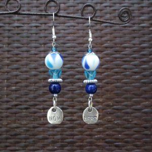 New Hand Crafted Blue & Silver "Now Here" Earrings